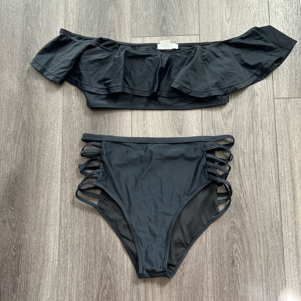 Black ruffle off the shoulder bikini top with cut out sides XL